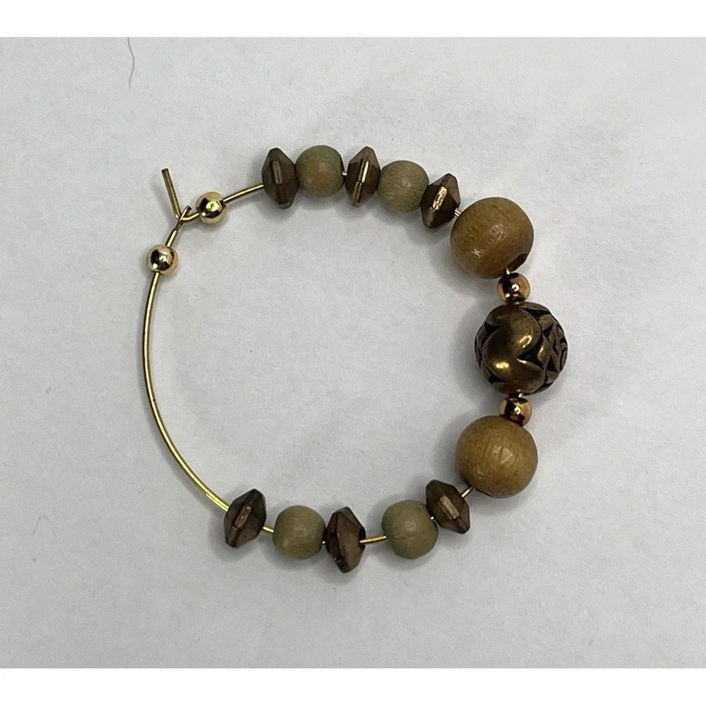 VTG Boho Beaded Hoop Earrings Green Gold Tone Lightweight Statement Earrings